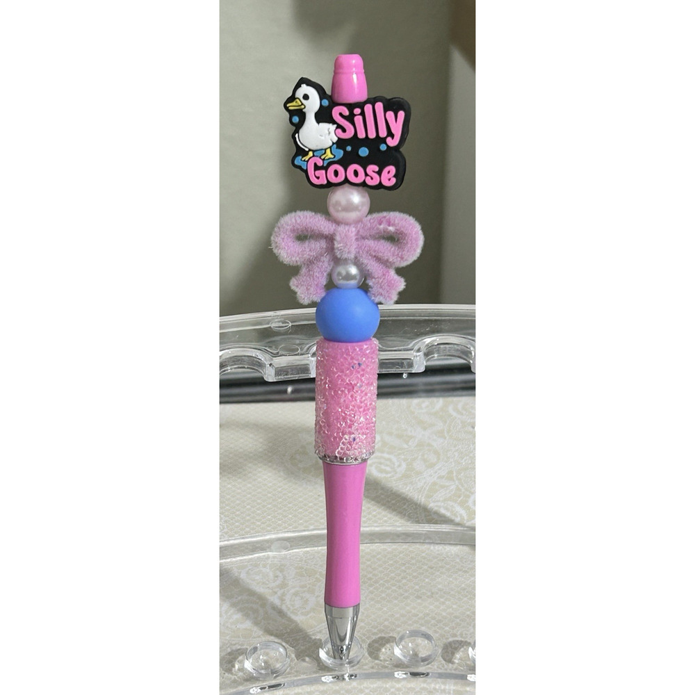 Custom Beaded Pen Silly Goose Pink Pearl Bow Gift Handmade Unique
